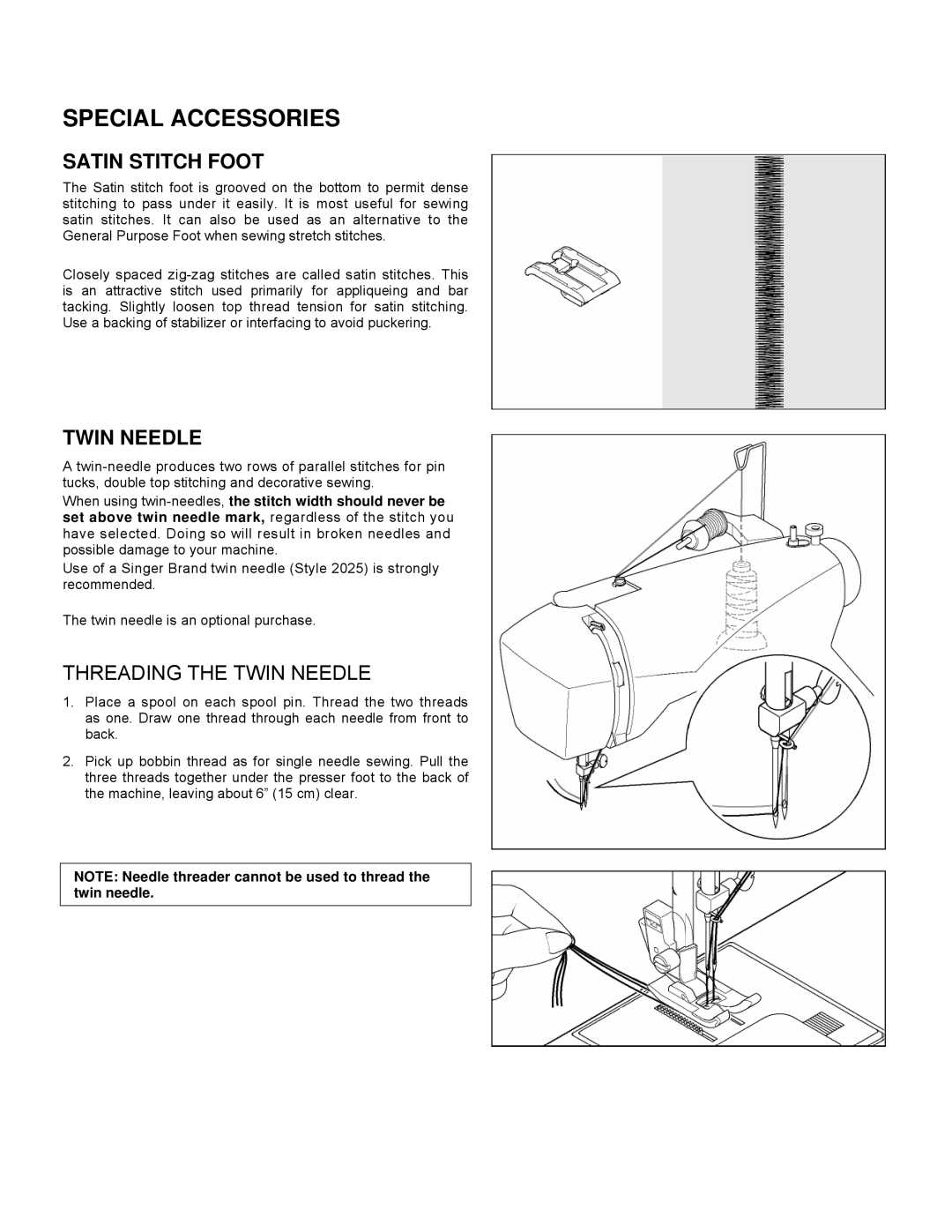 Singer CE-150 instruction manual Satin Stitch Foot, Threading the Twin Needle 