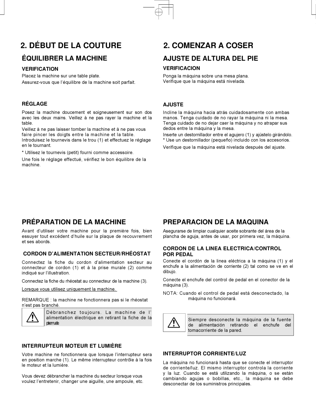 Singer CE-150 Équilibrer LA Machine, Ajuste DE Altura DEL PIE, Préparation DE LA Machine, Preparacion DE LA Maquina 