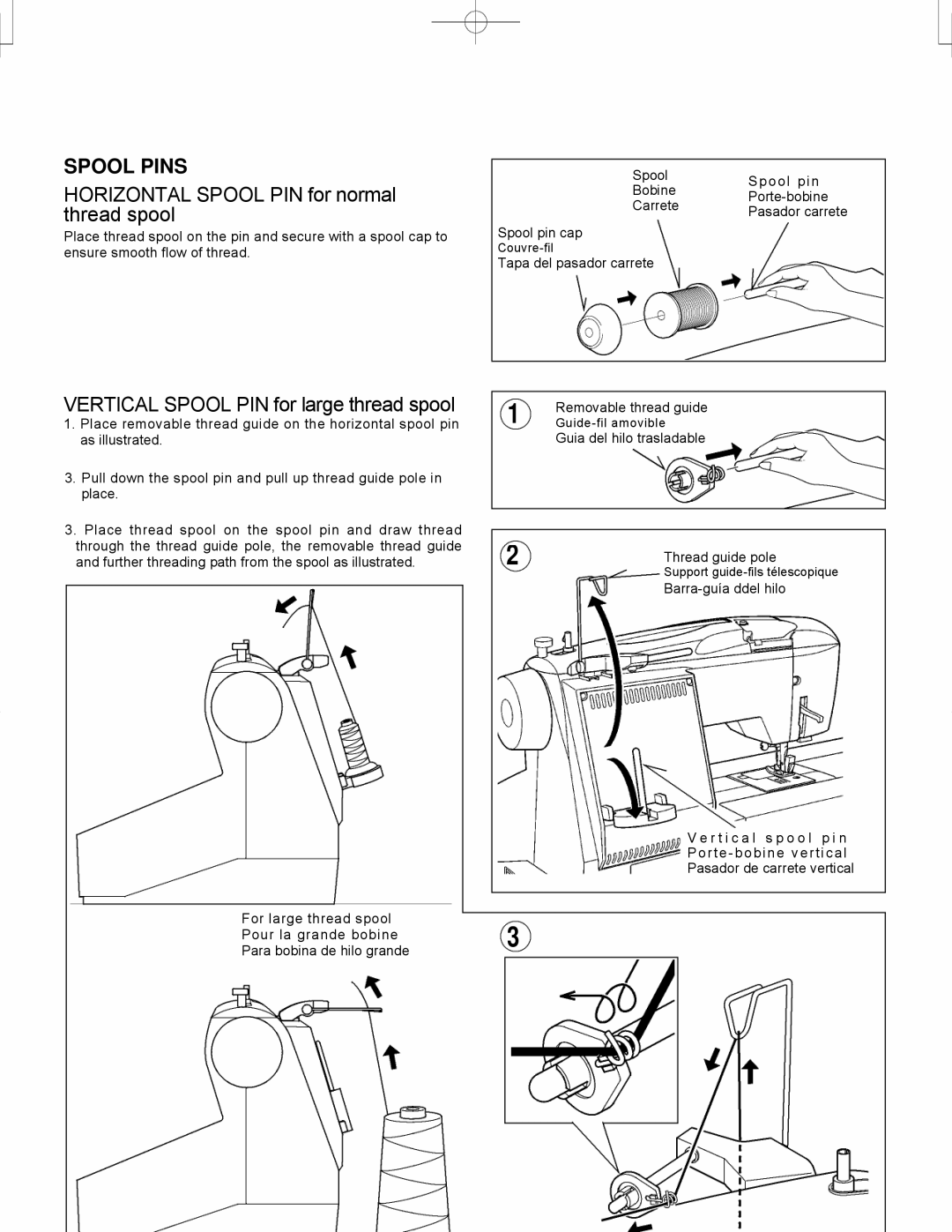 Singer CE-150 instruction manual Spool Pins, Vertical Spool PIN for large thread spool 