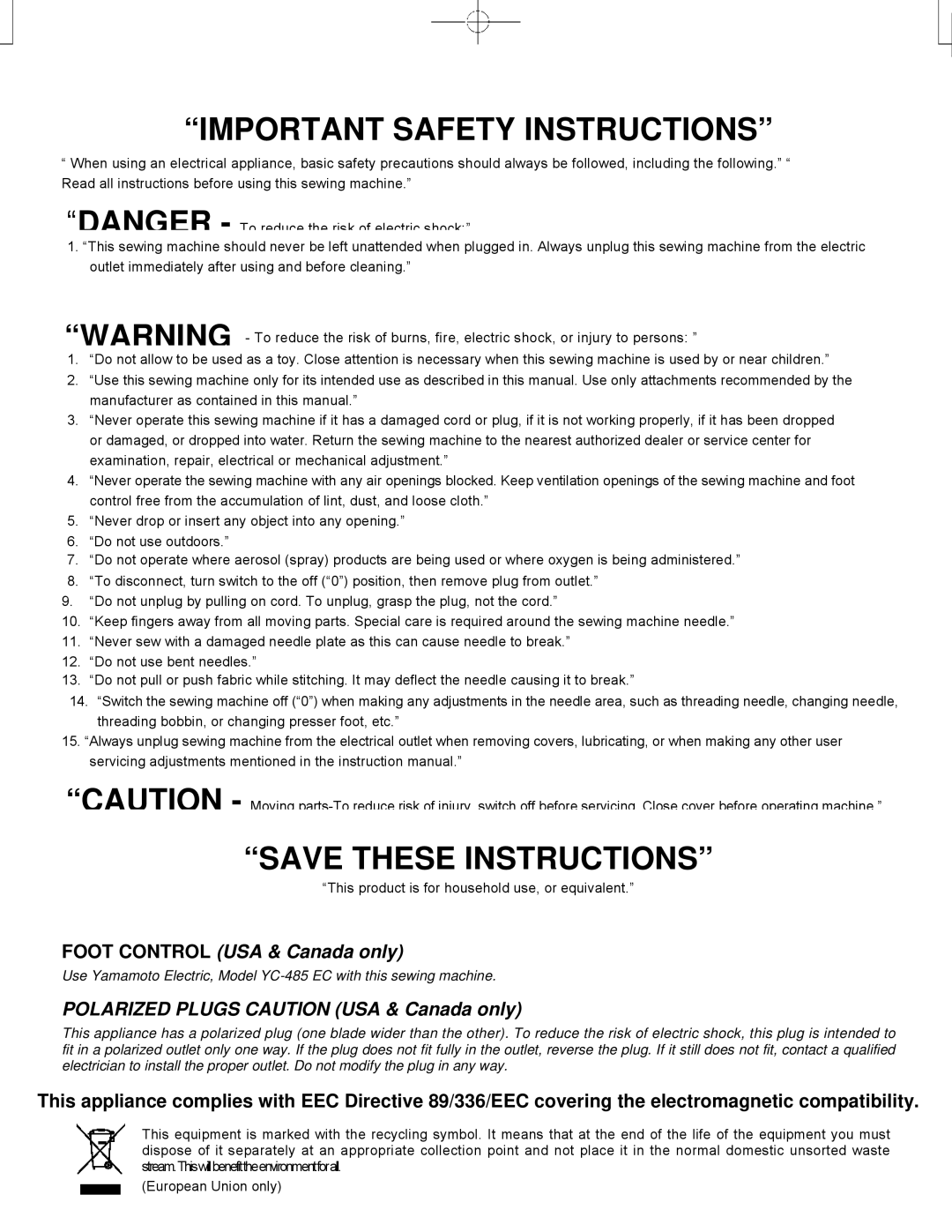 Singer CE-150 instruction manual Important Safety Instructions 