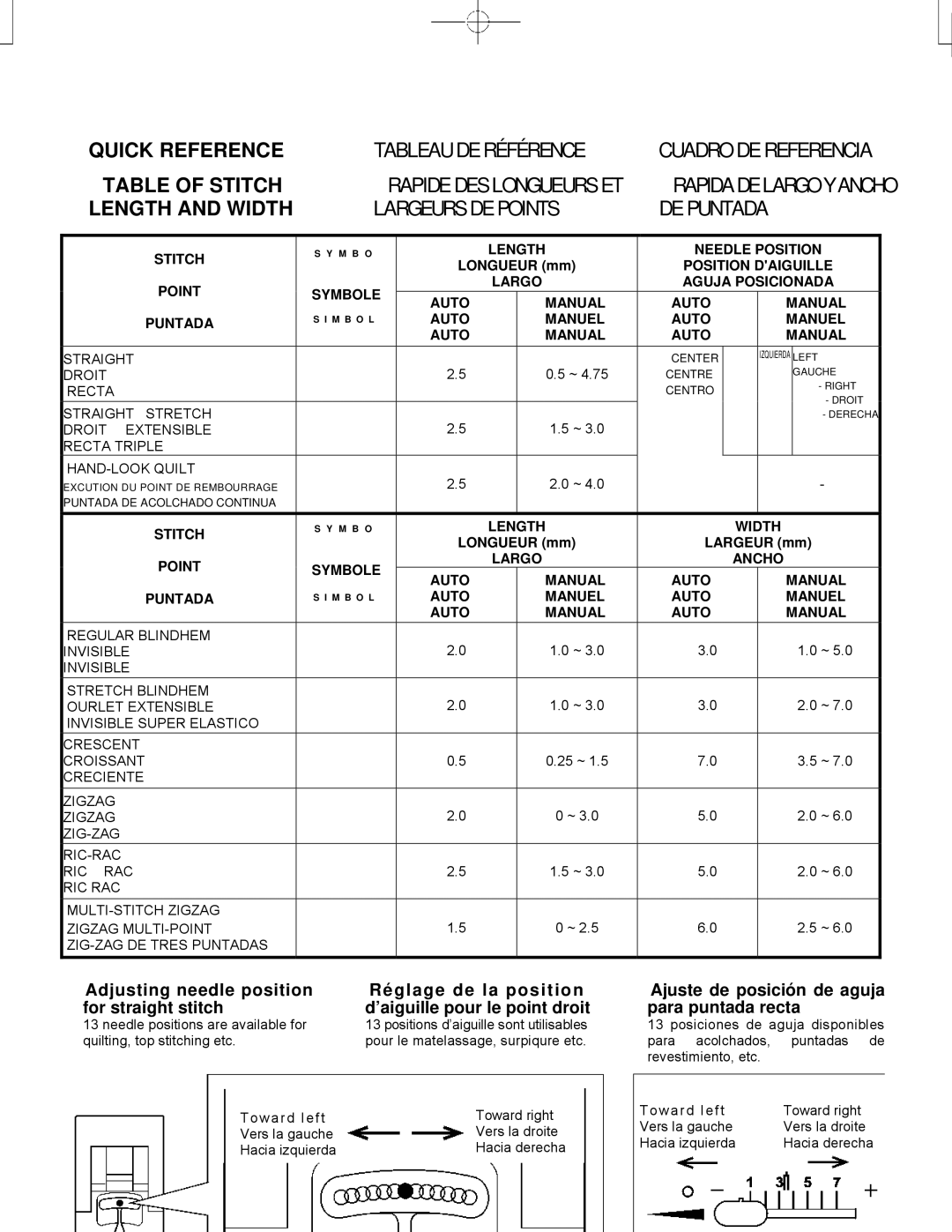 Singer CE-150 instruction manual Length and Width Largeurs DE Points DE Puntada 