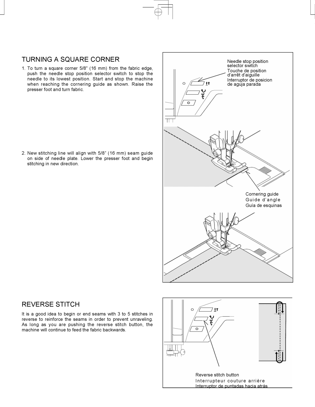 Singer CE-150 instruction manual Turning a Square Corner, Reverse Stitch 