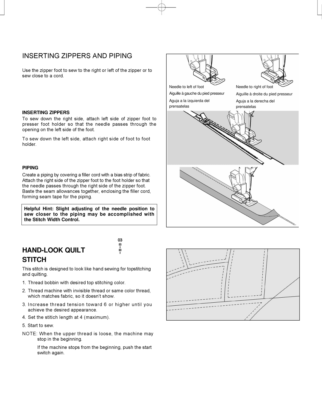 Singer CE-150 instruction manual Inserting Zippers and Piping, HAND-LOOK Quilt Stitch 