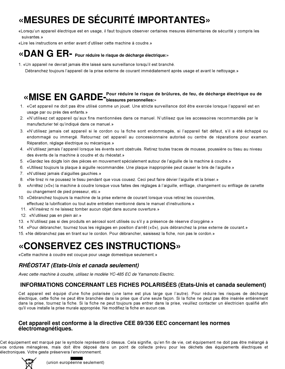 Singer CE-150 instruction manual «MESURES DE Sécurité IMPORTANTES» 