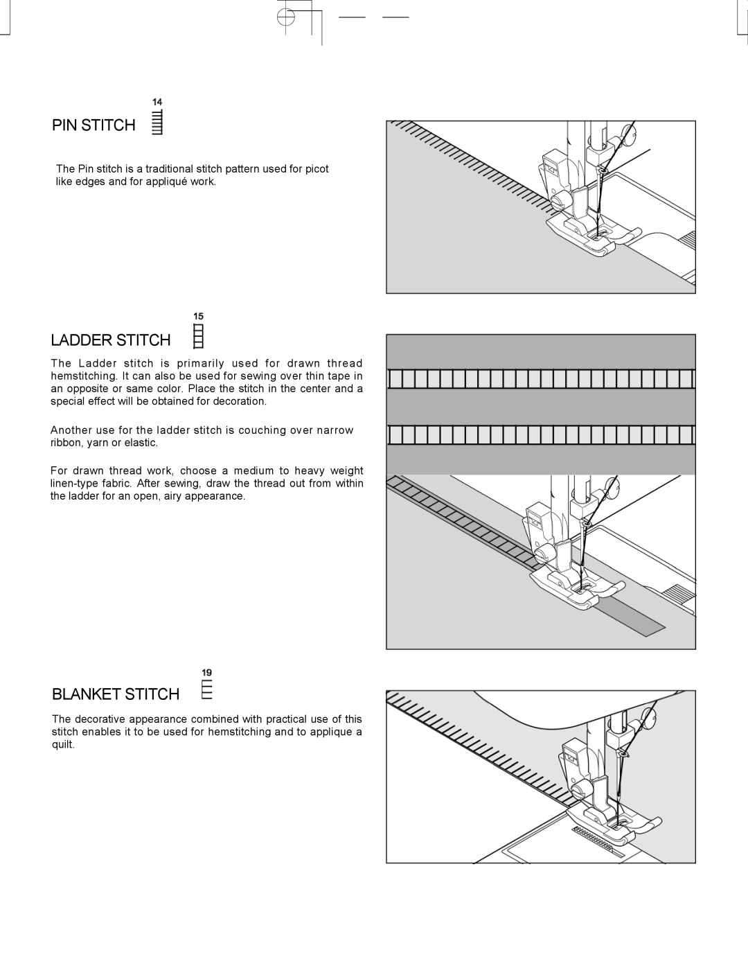Singer CE-150 instruction manual PIN Stitch, Ladder Stitch, Blanket Stitch 