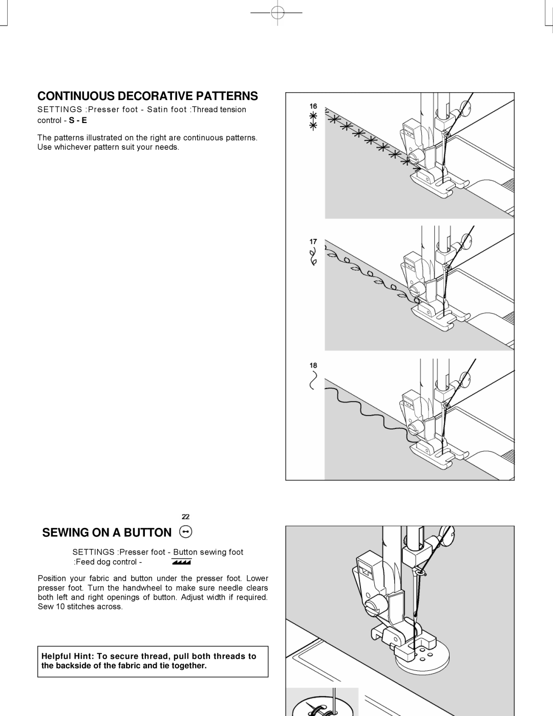 Singer CE-150 instruction manual Continuous Decorative Patterns, Sewing on a Button 