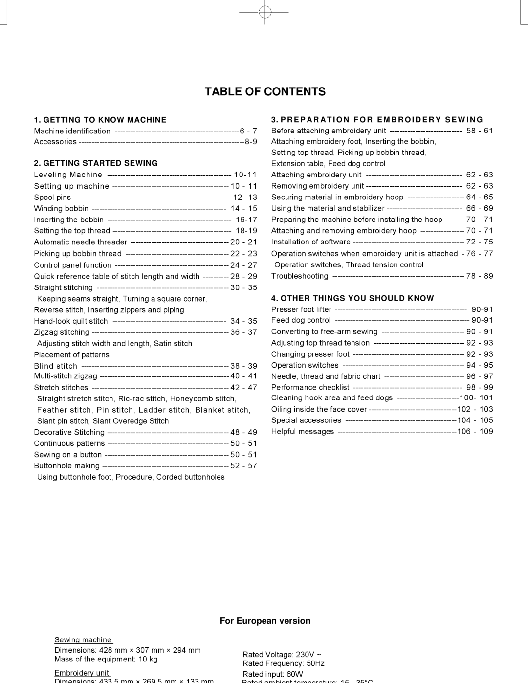 Singer CE-150 instruction manual Table of Contents 