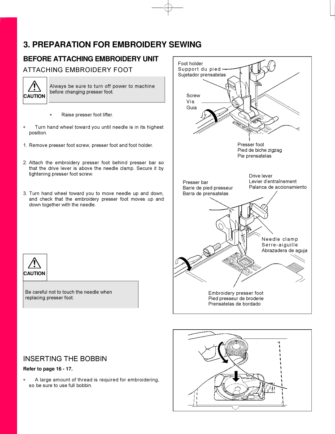 Singer CE-150 instruction manual Before Attaching Embroidery Unit, Inserting the Bobbin 