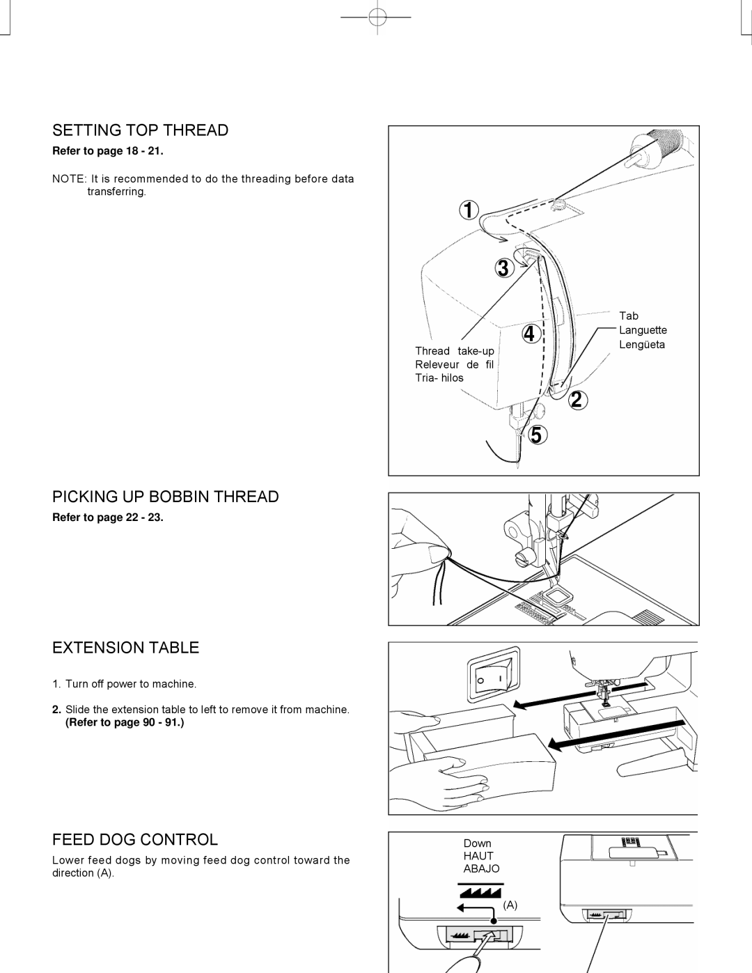 Singer CE-150 instruction manual Setting TOP Thread, Picking UP Bobbin Thread, Extension Table, Feed DOG Control 