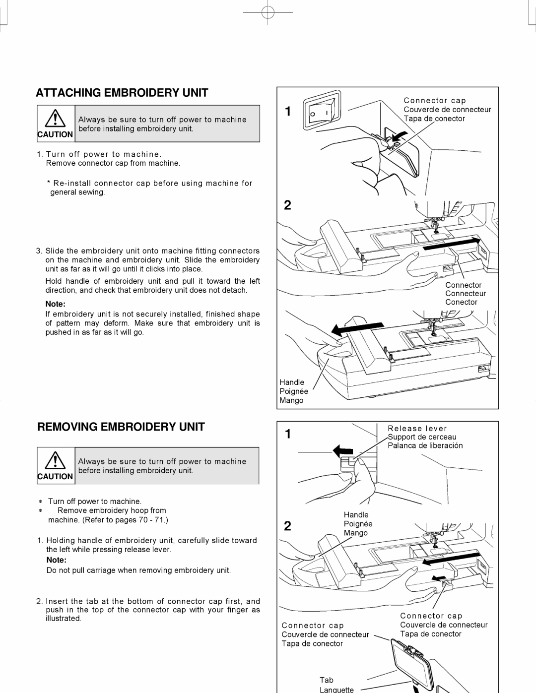 Singer CE-150 instruction manual Attaching Embroidery Unit, Removing Embroidery Unit 