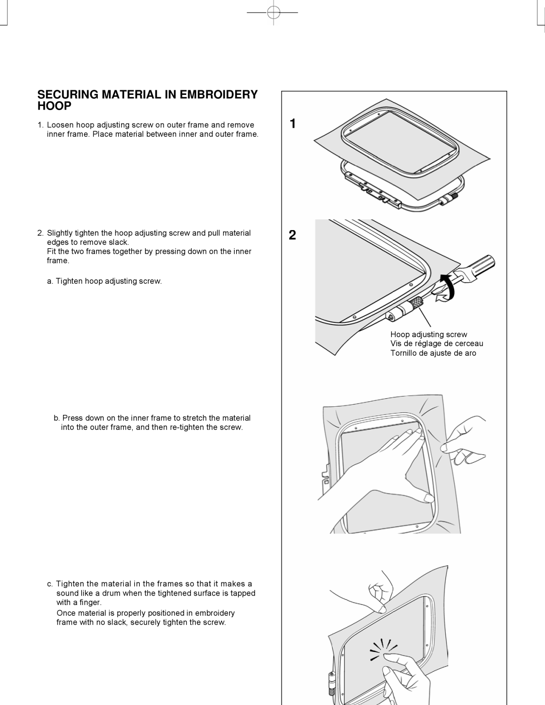 Singer CE-150 instruction manual Securing Material in Embroidery Hoop 