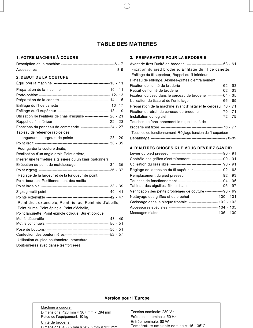 Singer CE-150 Table DES Matieres, Votre Machine À Coudre, Début DE LA Couture, Préparatifs Pour LA Broderie 