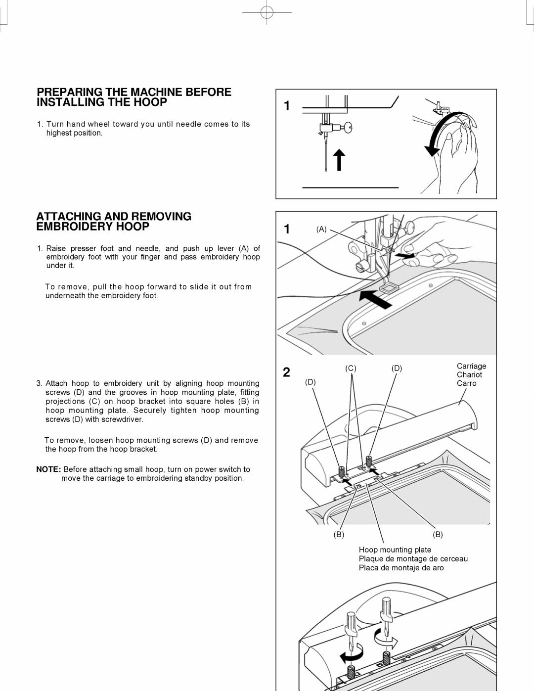 Singer CE-150 instruction manual Preparing the Machine Before Installing the Hoop, Attaching and Removing Embroidery Hoop 