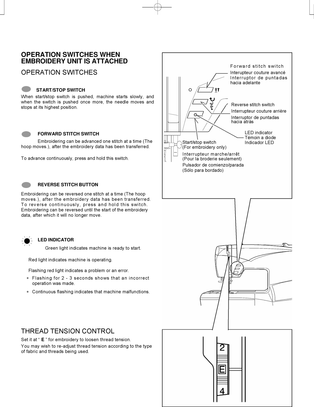 Singer CE-150 instruction manual Operation Switches When Embroidery Unit is Attached, Thread Tension Control 