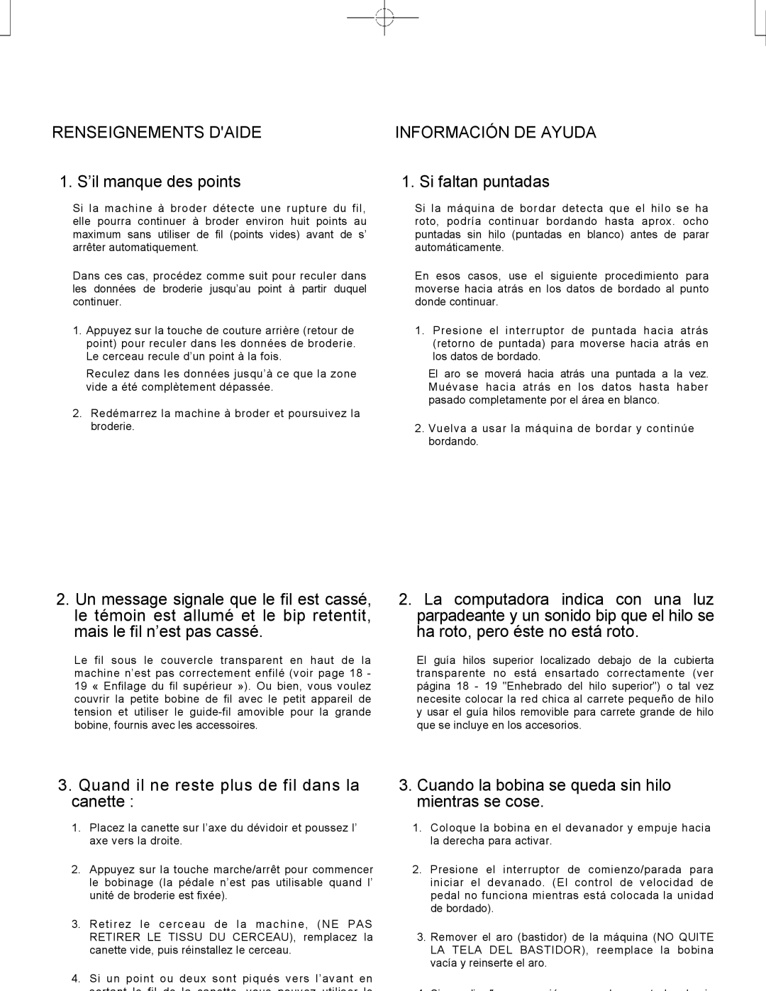 Singer CE-150 instruction manual Renseignements Daide, Información DE Ayuda 
