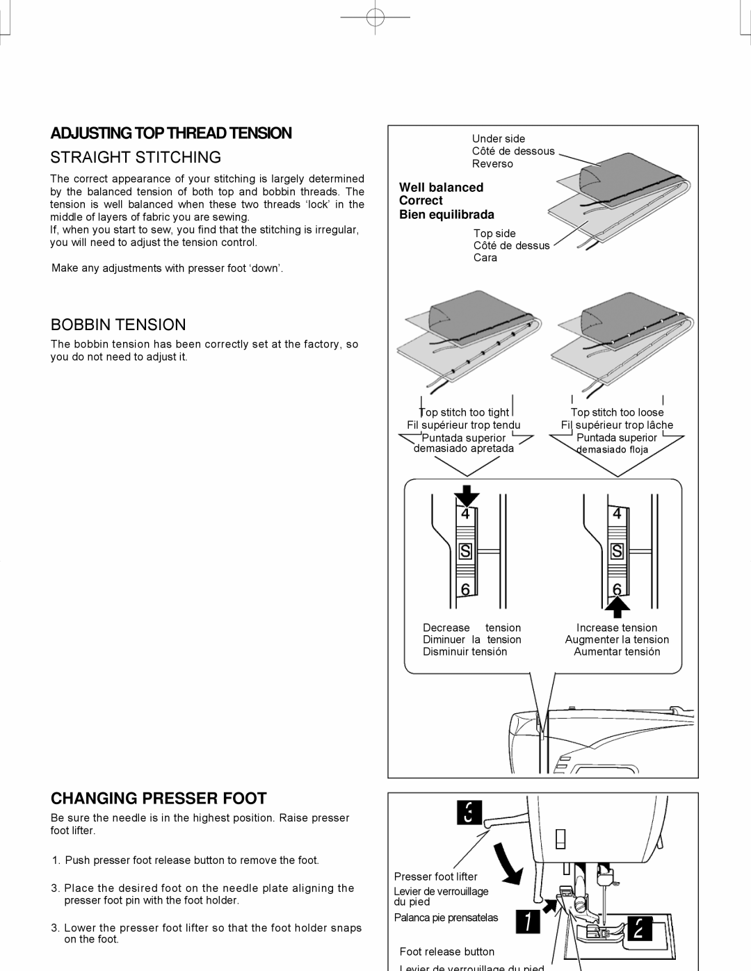 Singer CE-150 instruction manual Adjusting TOP Thread Tension, Straight Stitching, Bobbin Tension, Changing Presser Foot 