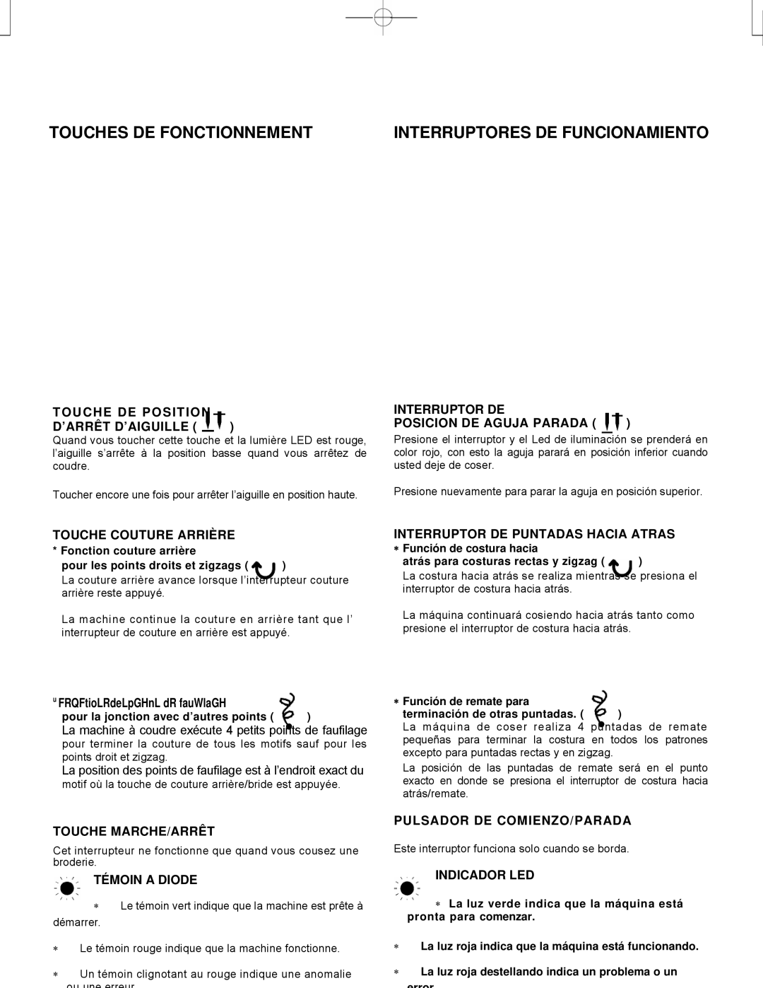 Singer CE-150 Touches DE Fonctionnement Interruptores DE Funcionamiento, Touche DE Position ’ARRÊT D’AIGUILLE 