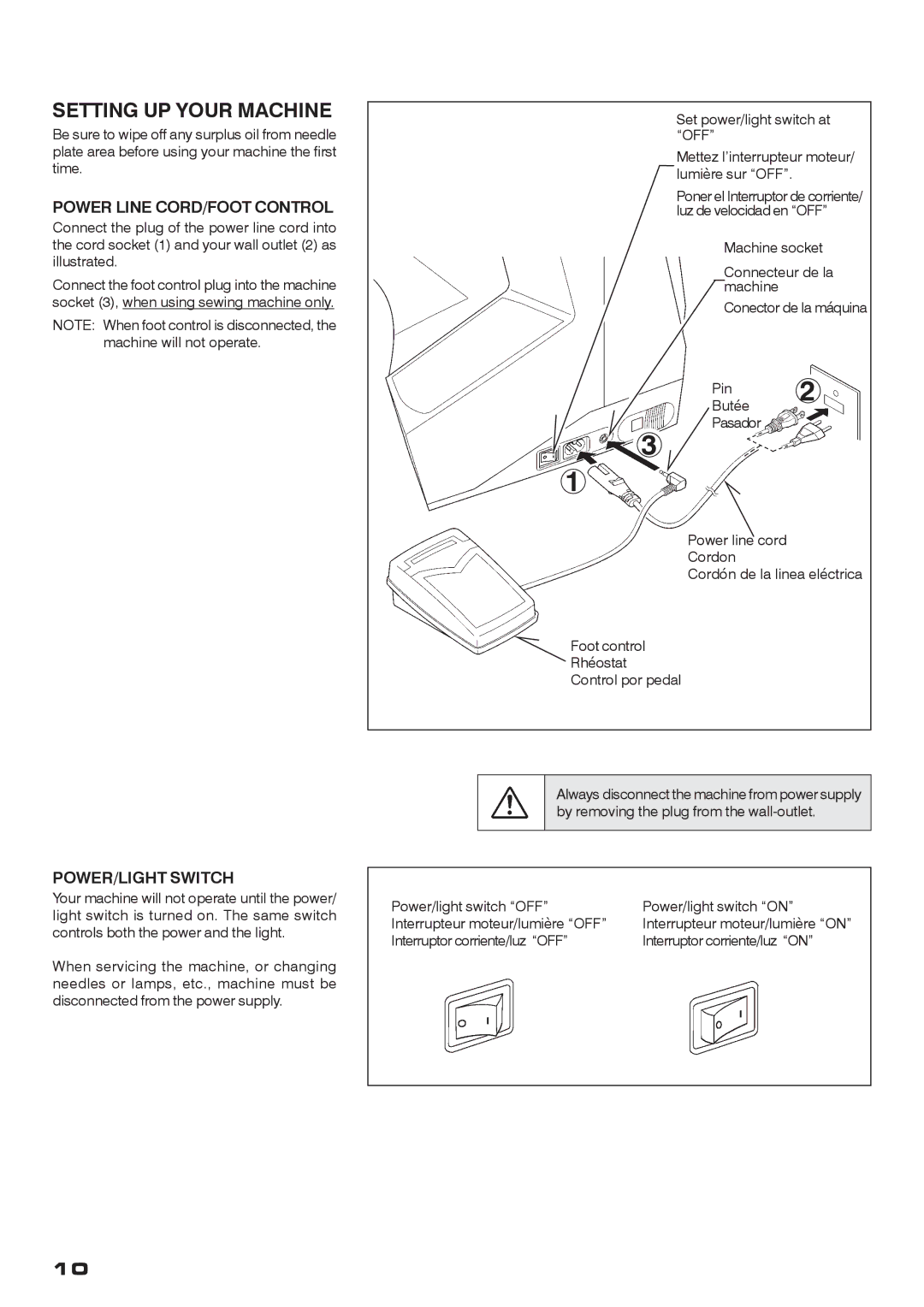 Singer CE-200 instruction manual Setting UP Your Machine, Power Line CORD/FOOT Control 