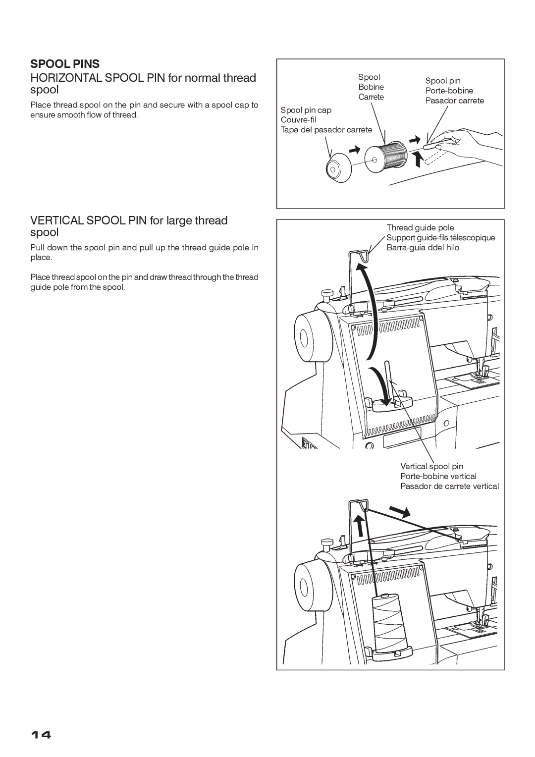 Singer CE-200 instruction manual Spool Pins, Horizontal Spool PIN for normal thread spool 