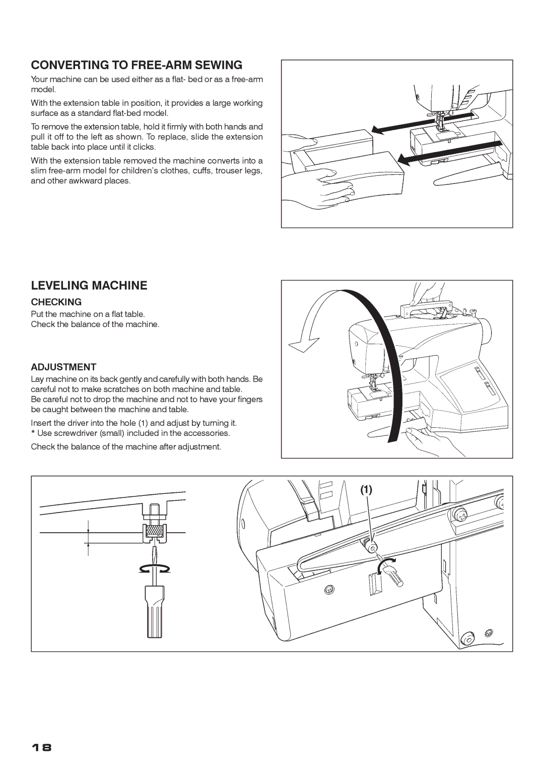 Singer CE-200 instruction manual Converting to FREE-ARM Sewing, Leveling Machine 