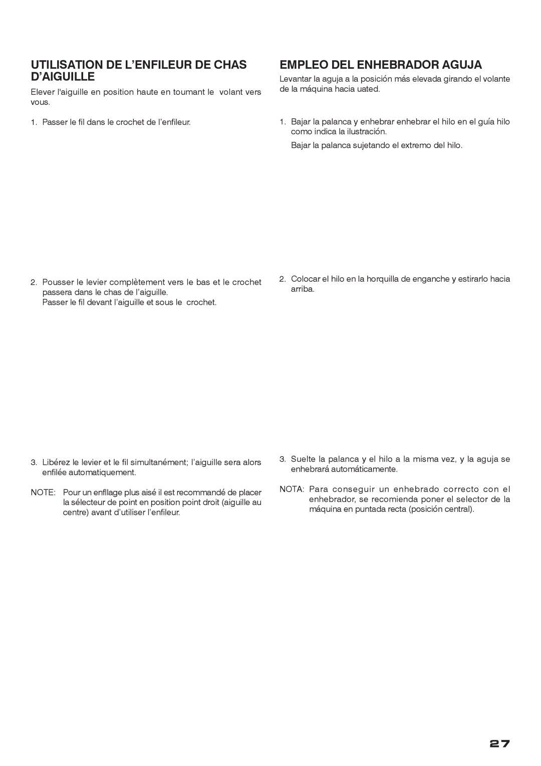 Singer CE-200 instruction manual Utilisation DE L’ENFILEUR DE Chas D’AIGUILLE, Empleo DEL Enhebrador Aguja 