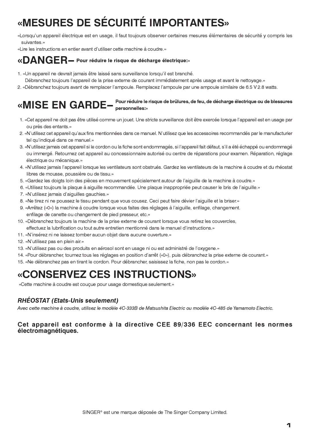 Singer CE-200 instruction manual «MESURES DE Sécurité IMPORTANTES» 