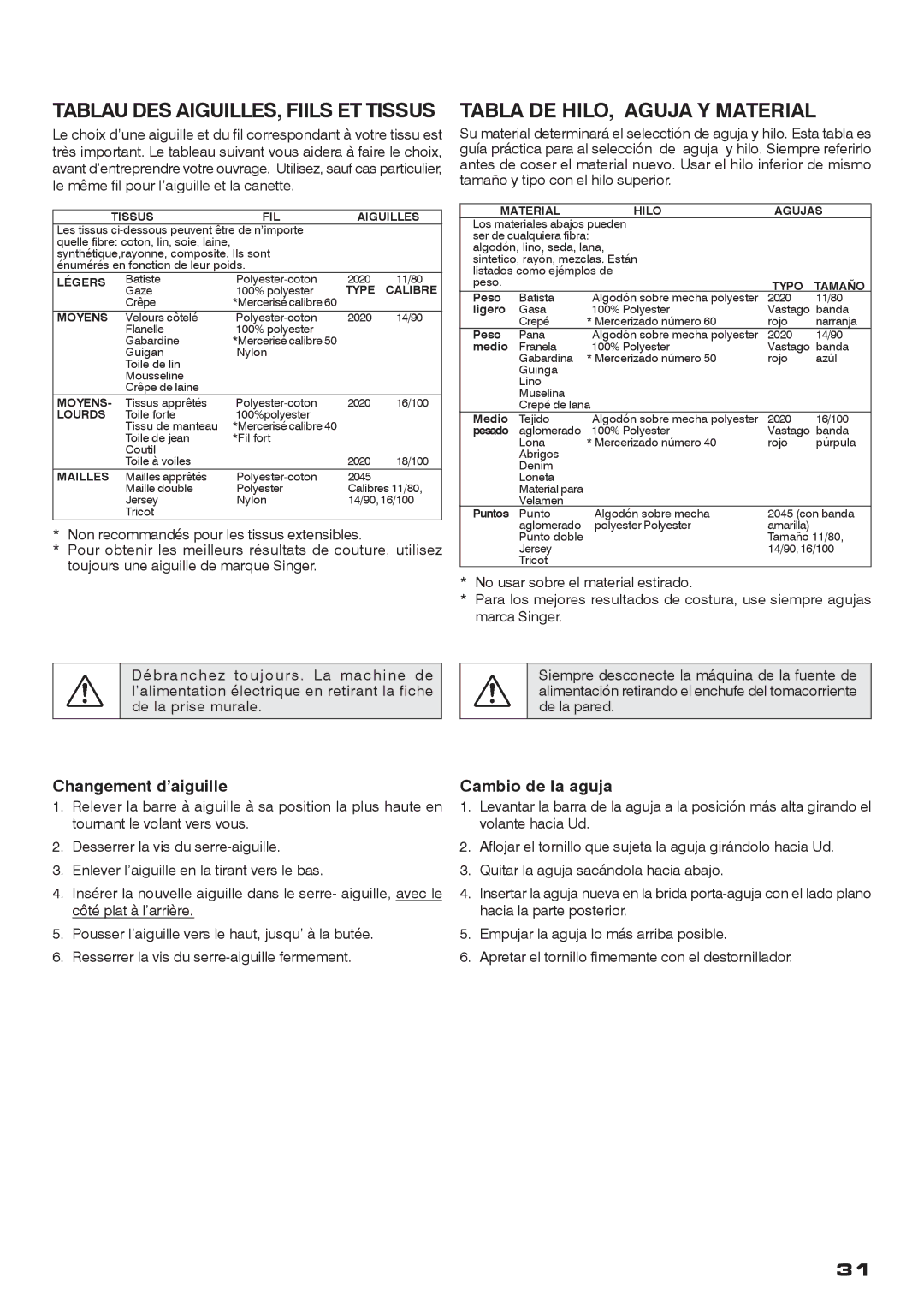 Singer CE-200 instruction manual Tablau DES AIGUILLES, Fiils ET Tissus, Tabla DE HILO, Aguja Y Material 