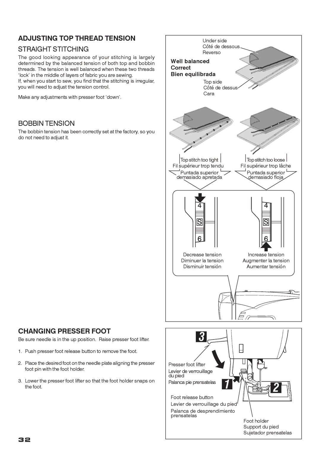 Singer CE-200 instruction manual Adjusting TOP Thread Tension, Straight Stitching, Bobbin Tension, Changing Presser Foot 