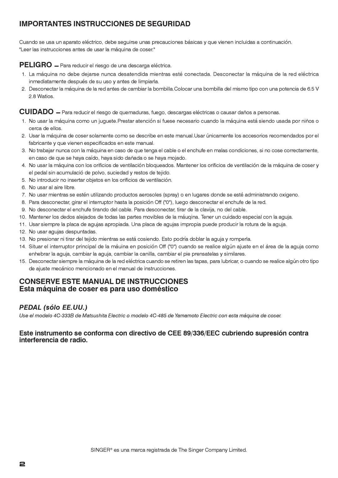 Singer CE-200 instruction manual Importantes Instrucciones DE Seguridad, Conserve Este Manual DE Instrucciones 