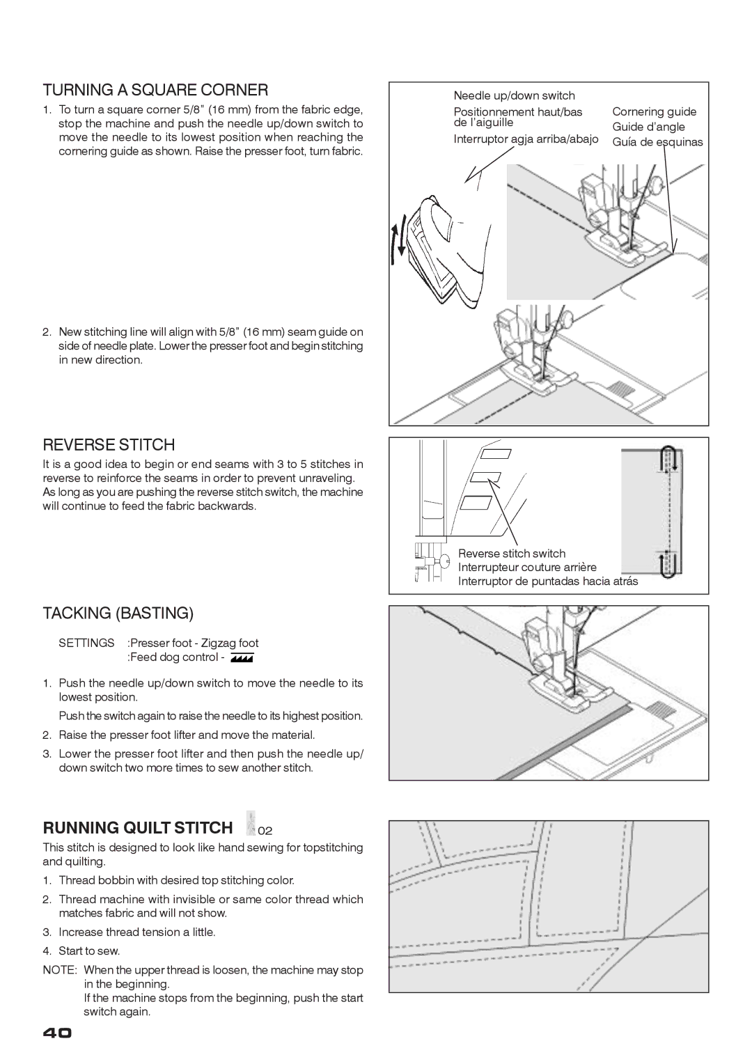 Singer CE-200 instruction manual Turning a Square Corner, Reverse Stitch, Tacking Basting, Running Quilt Stitch 