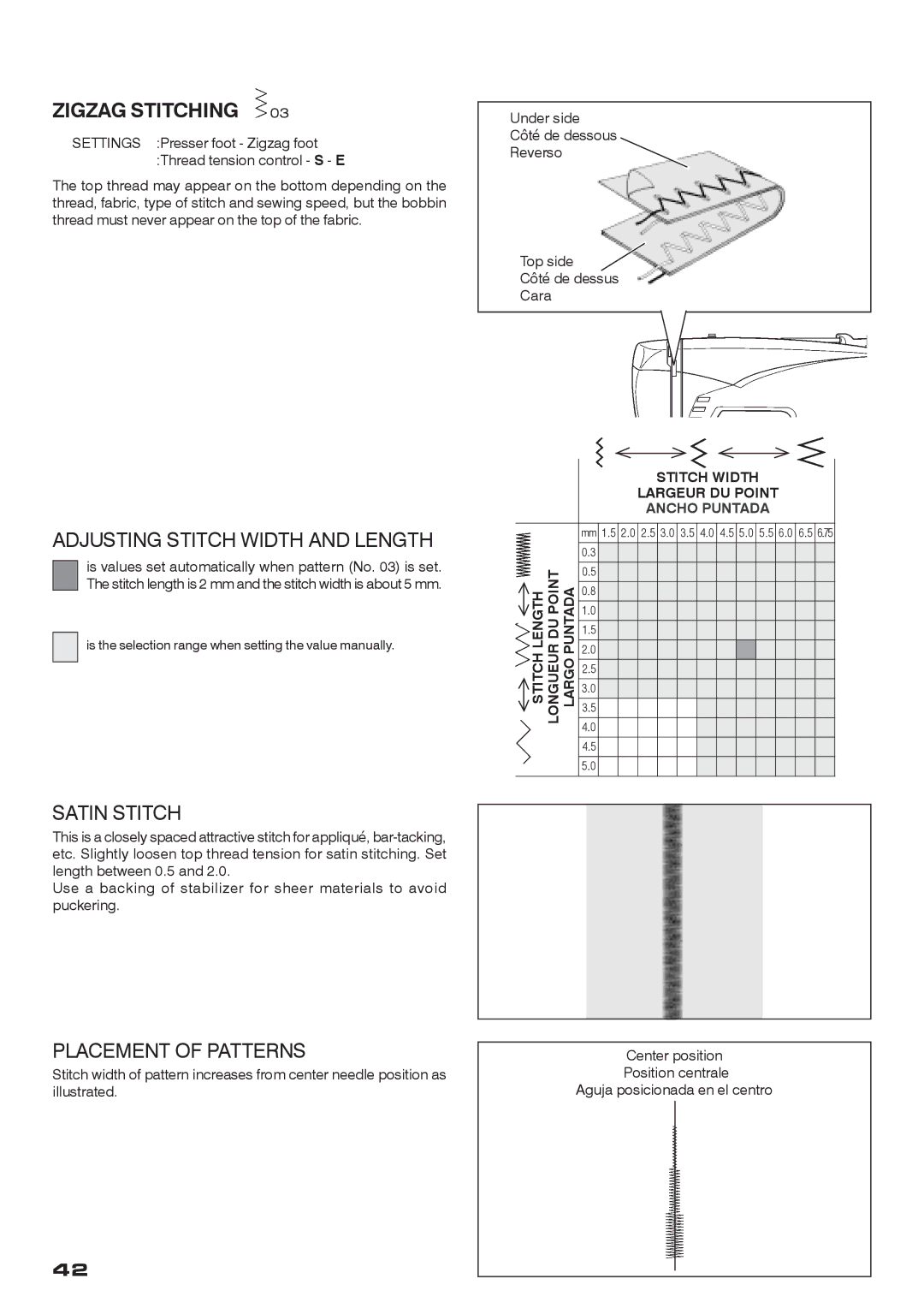 Singer CE-200 instruction manual Zigzag Stitching, Adjusting Stitch Width and Length, Satin Stitch, Placement of Patterns 