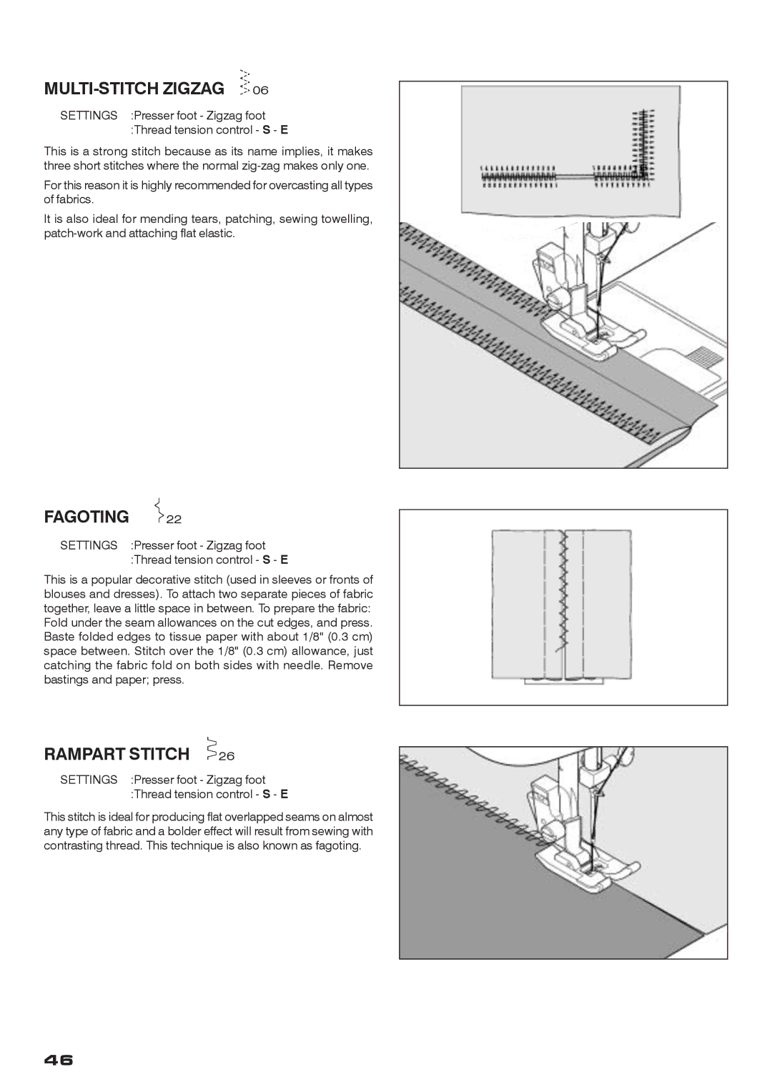 Singer CE-200 instruction manual MULTI-STITCH Zigzag, Fagoting, Rampart Stitch 