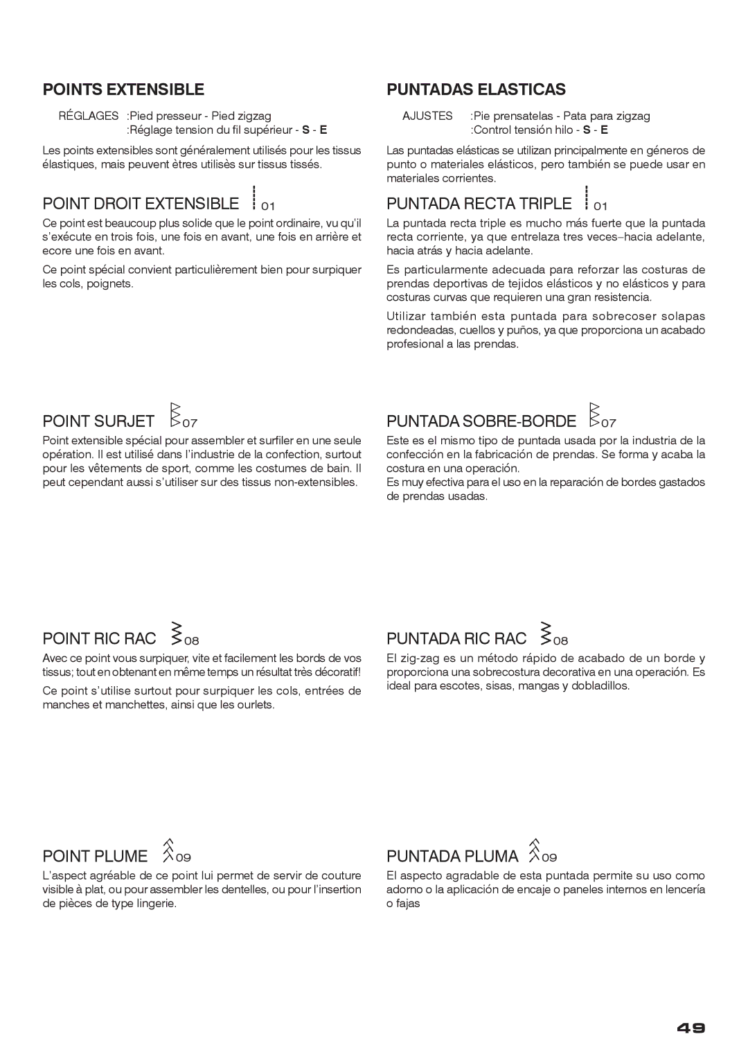 Singer CE-200 instruction manual Points Extensible, Puntadas Elasticas 