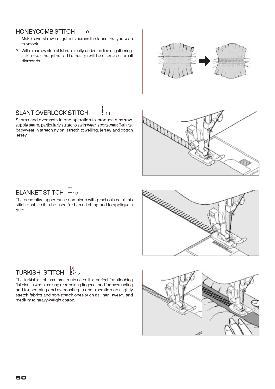 Singer CE-200 instruction manual Honeycomb Stitch, Slant Overlock Stitch, Blanket Stitch, Turkish Stitch 