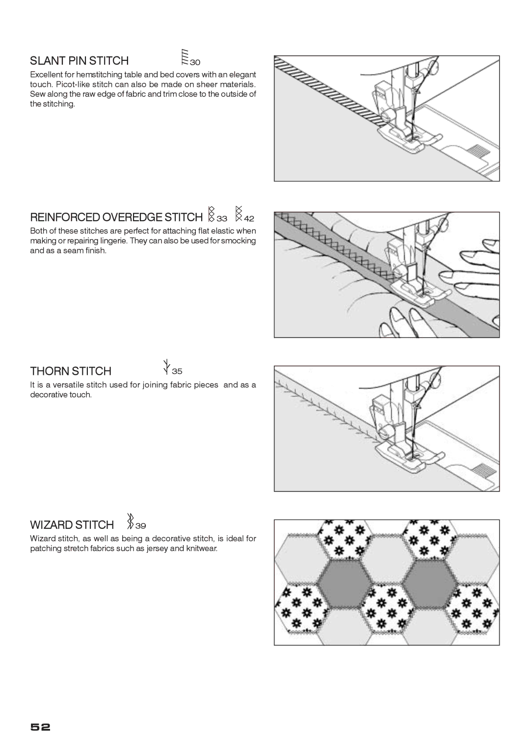 Singer CE-200 instruction manual Slant PIN Stitch, Reinforced Overedge Stitch 33, Thorn Stitch, Wizard Stitch 