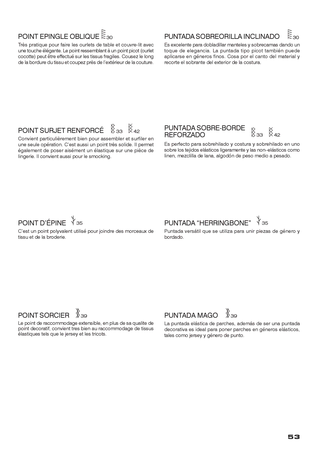 Singer CE-200 Point Epingle Oblique, Point Surjet Renforcé 33, Point D’ÉPINE, Point Sorcier, Puntada Sobreorilla Inclinado 