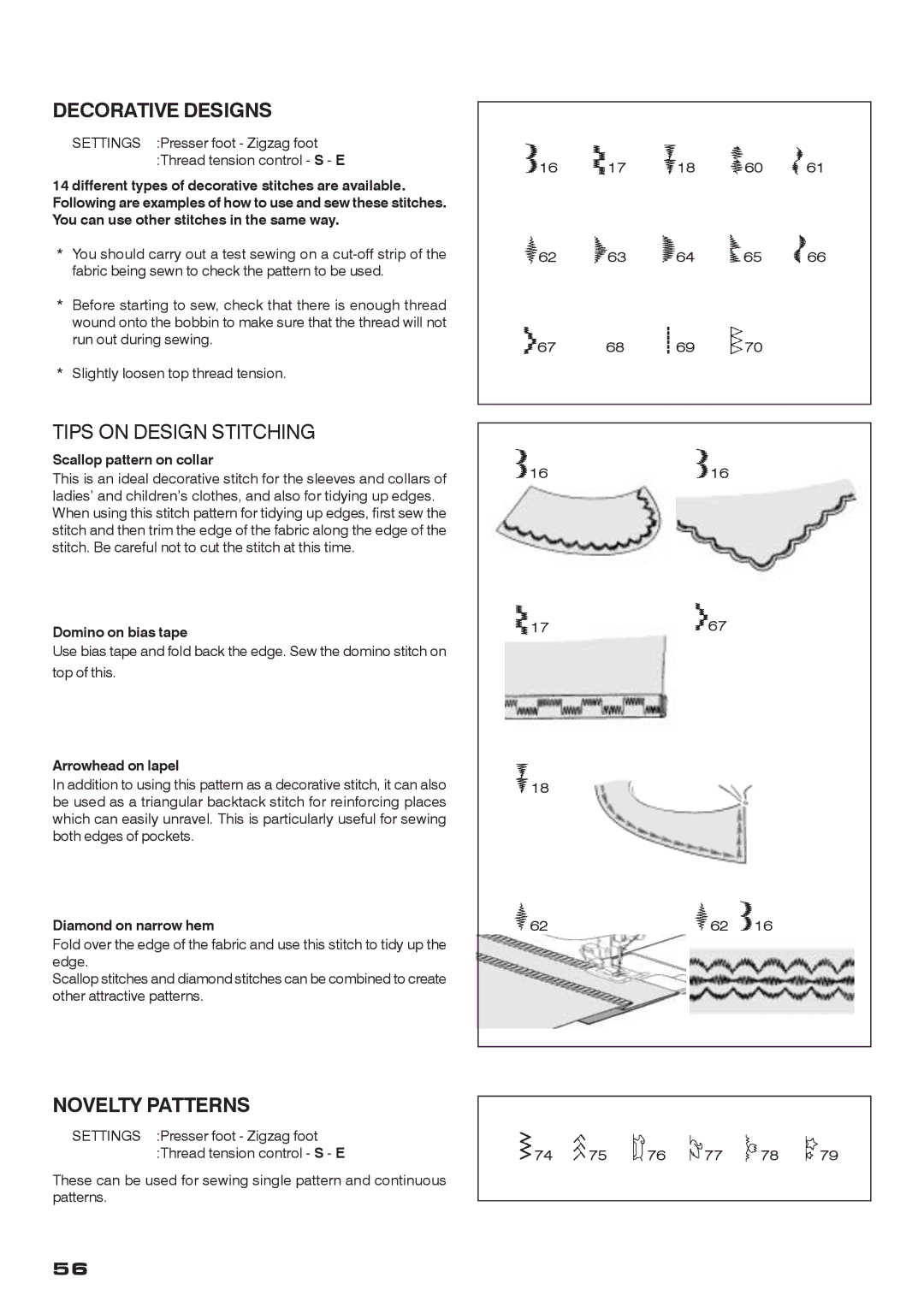 Singer CE-200 instruction manual Decorative Designs, Tips on Design Stitching, Novelty Patterns 