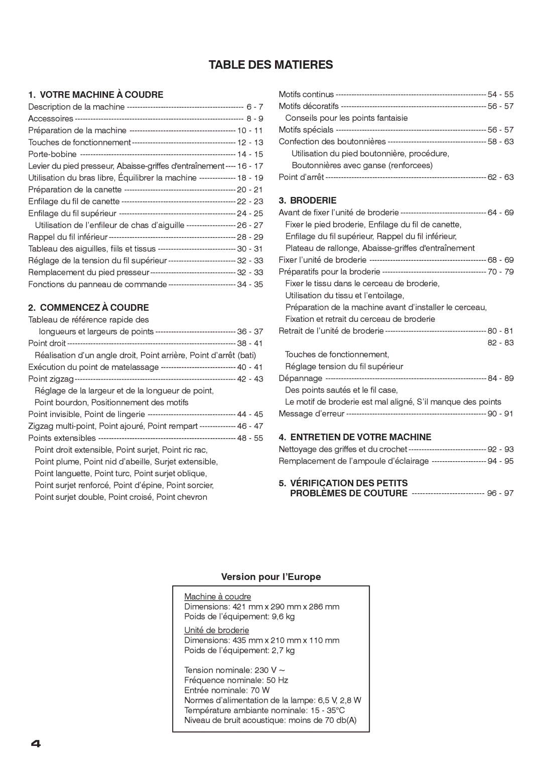 Singer CE-200 instruction manual Table DES Matieres, Votre Machine À Coudre 