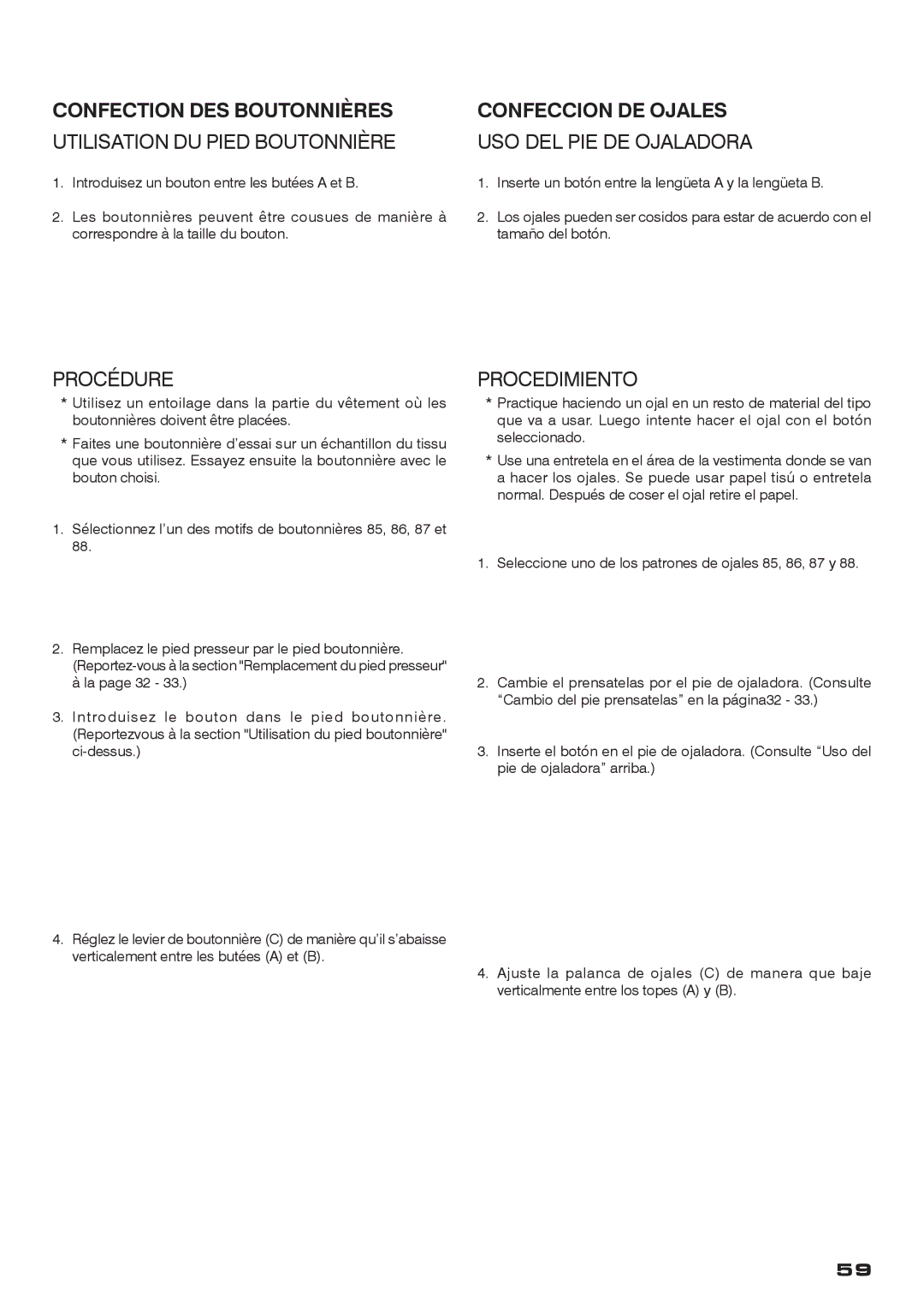 Singer CE-200 instruction manual Confection DES Boutonnières, Confeccion DE Ojales 