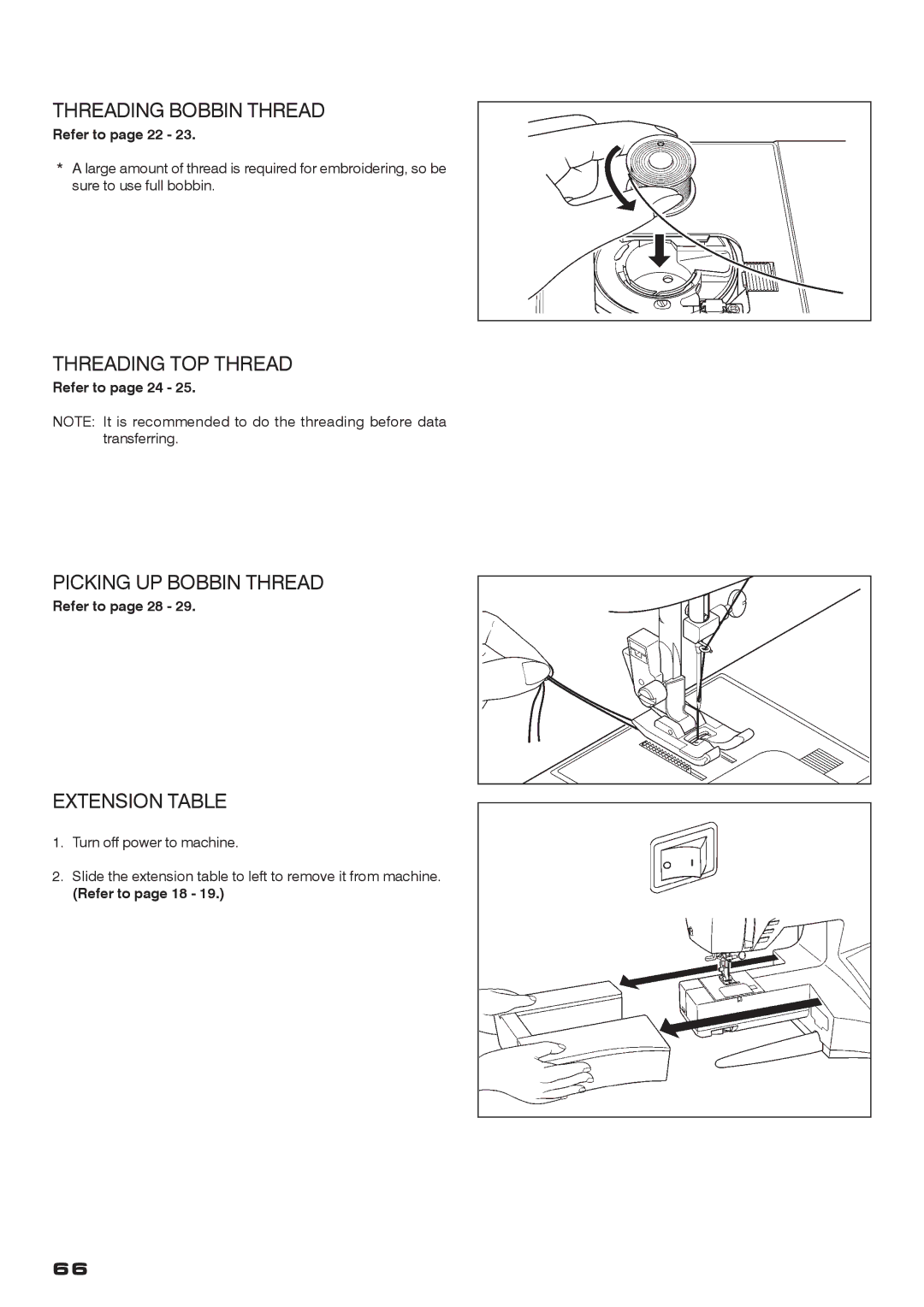 Singer CE-200 instruction manual Threading Bobbin Thread, Threading TOP Thread, Picking UP Bobbin Thread, Extension Table 