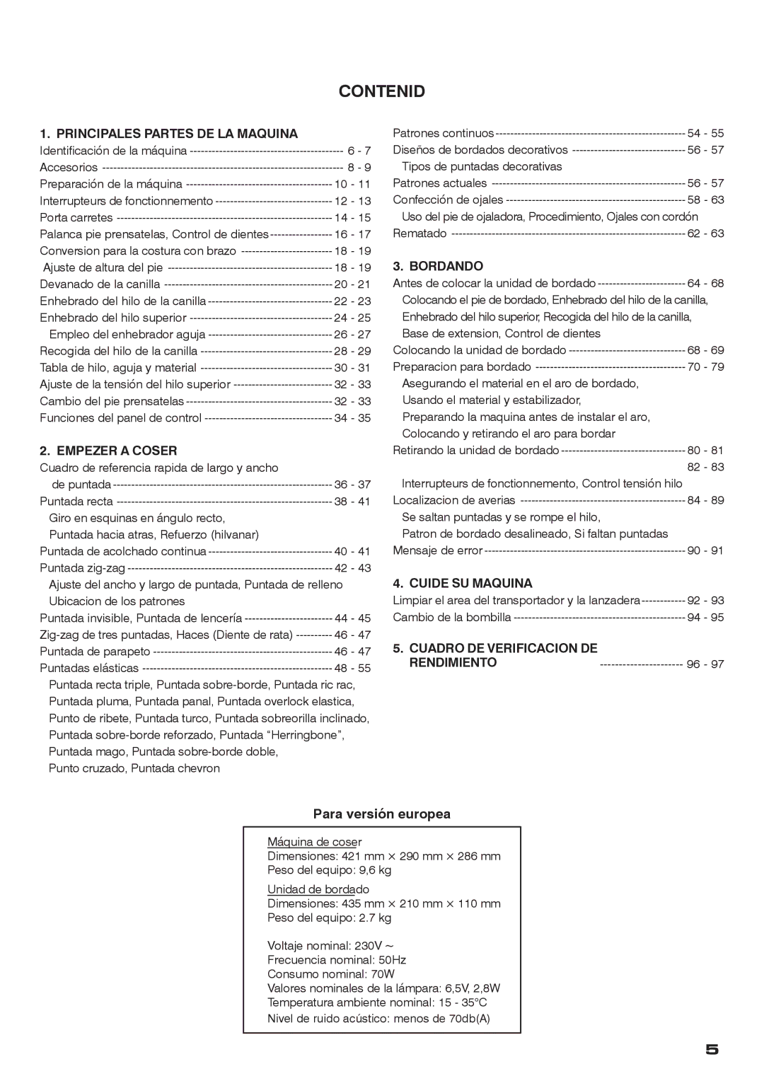 Singer CE-200 instruction manual Contenid, Principales Partes DE LA Maquina 