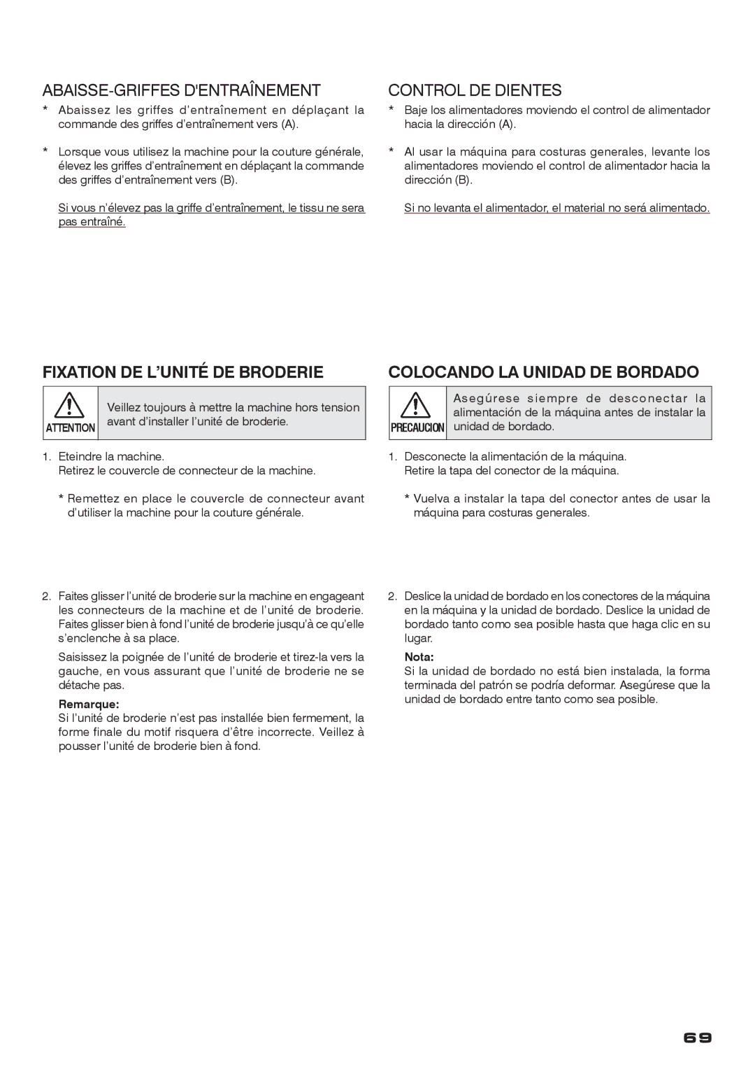 Singer CE-200 instruction manual ABAISSE-GRIFFES Dentraînement, Control DE Dientes, Fixation DE L’UNITÉ DE Broderie 