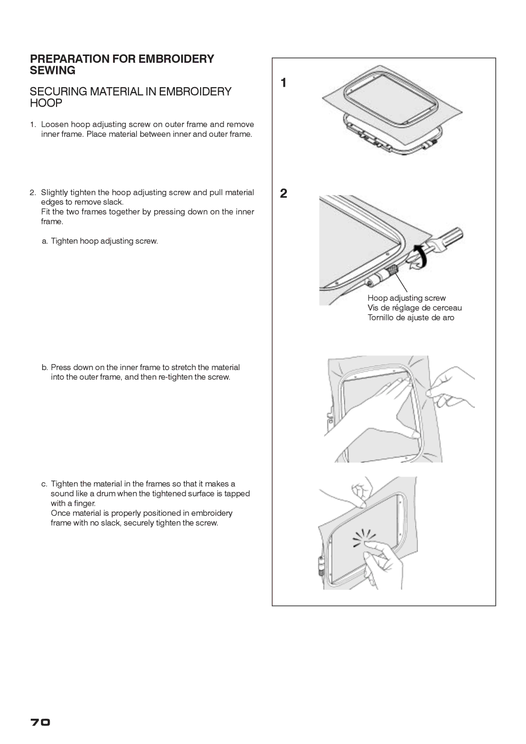 Singer CE-200 instruction manual Preparation for Embroidery Sewing, Securing Material in Embroidery Hoop 