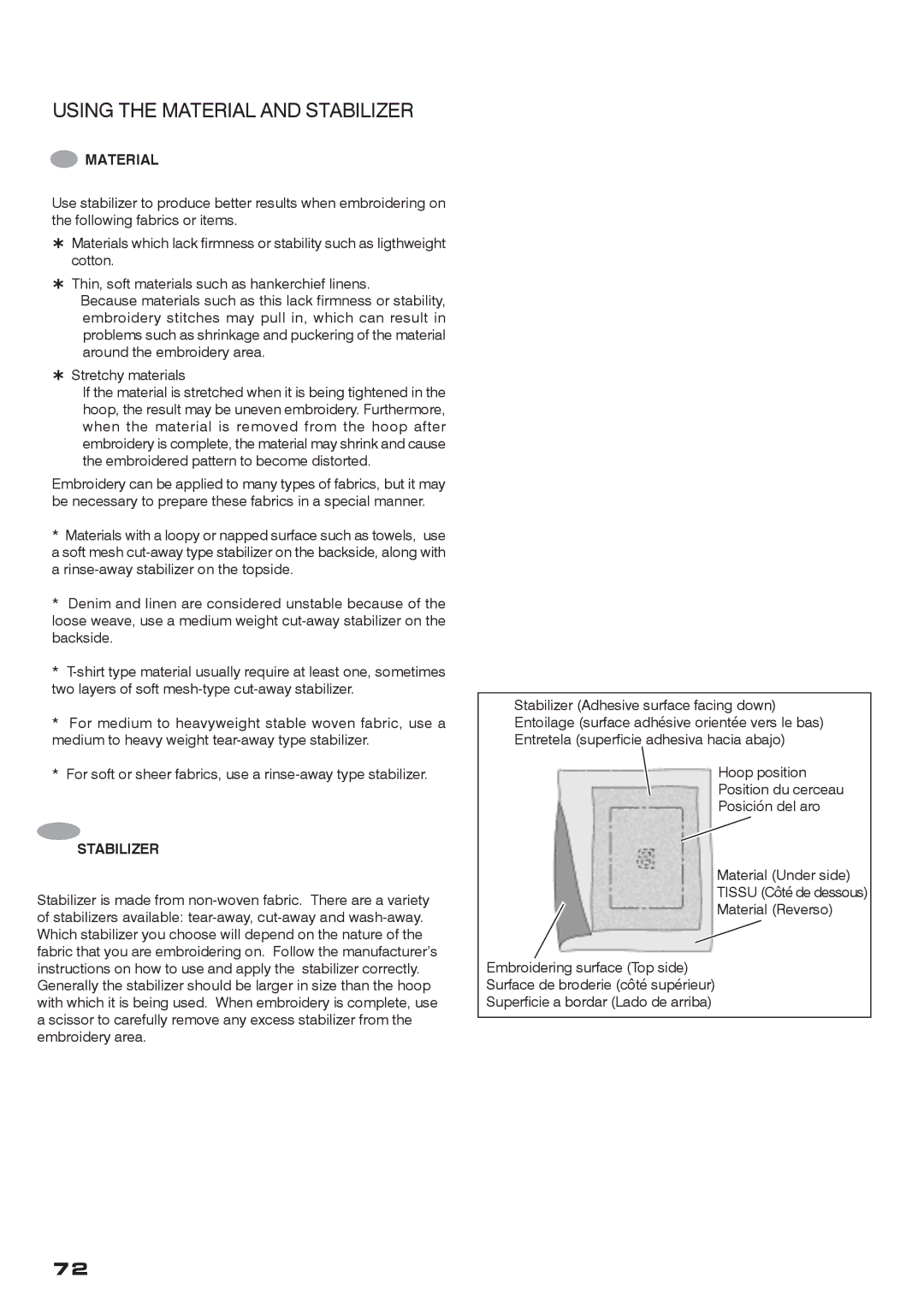 Singer CE-200 instruction manual Using the Material and Stabilizer 