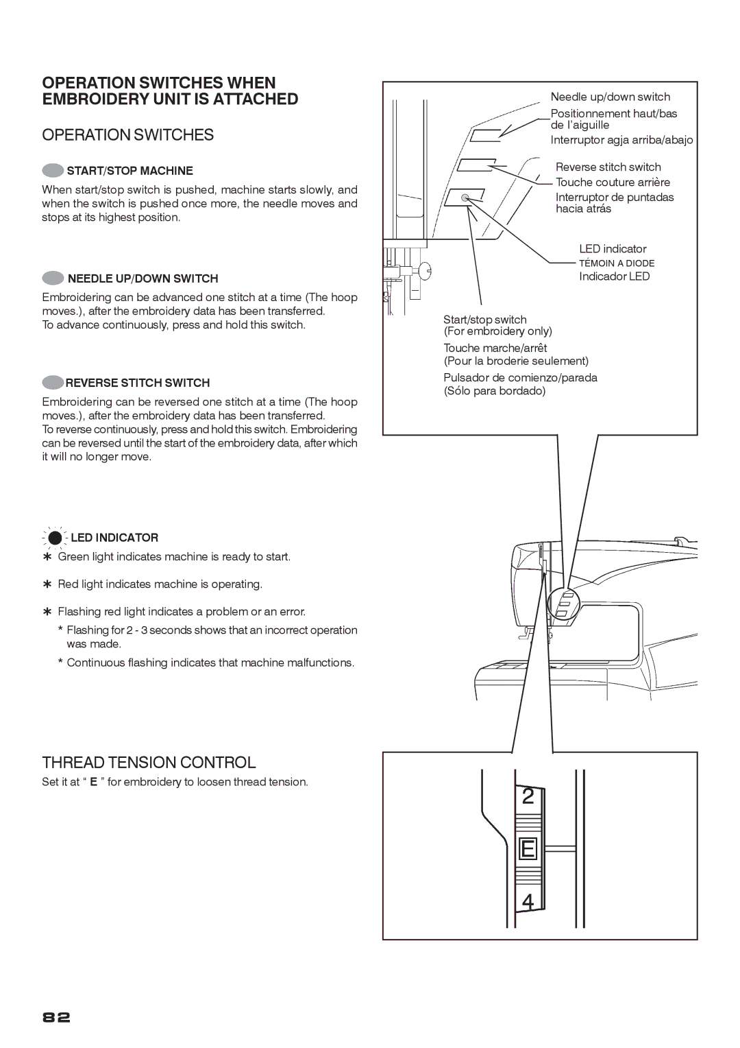 Singer CE-200 instruction manual Operation Switches When Embroidery Unit is Attached, Thread Tension Control 