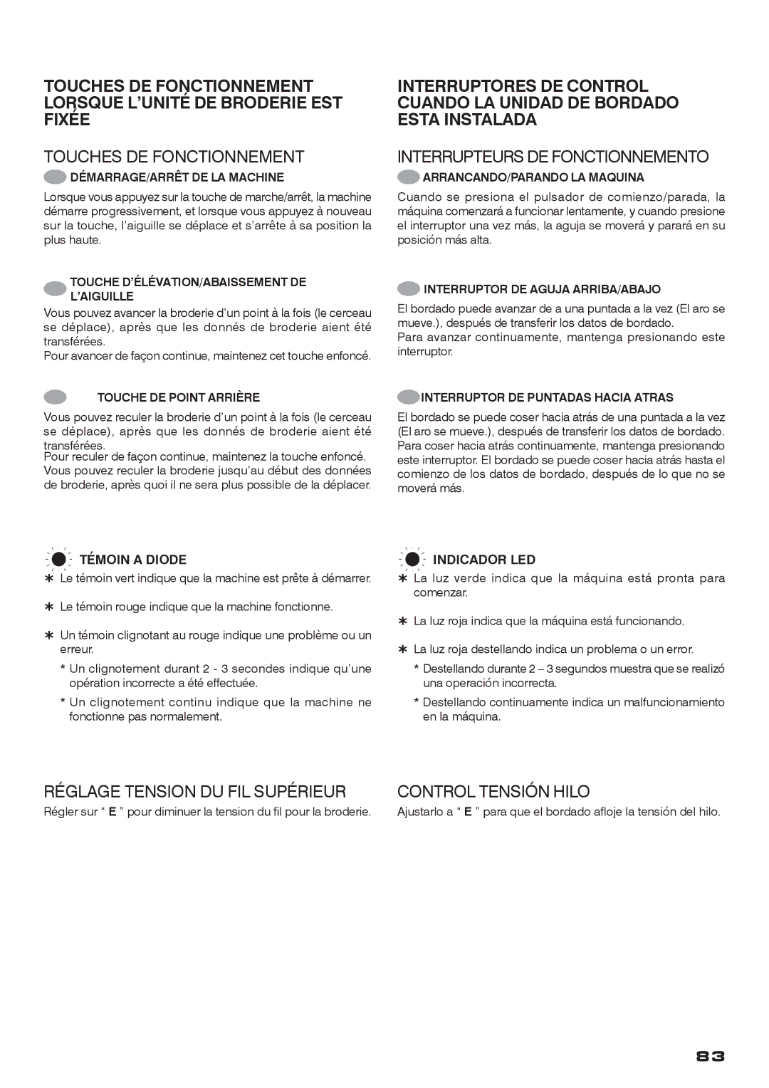 Singer CE-200 instruction manual Touches DE Fonctionnement, Interrupteurs DE Fonctionnemento 