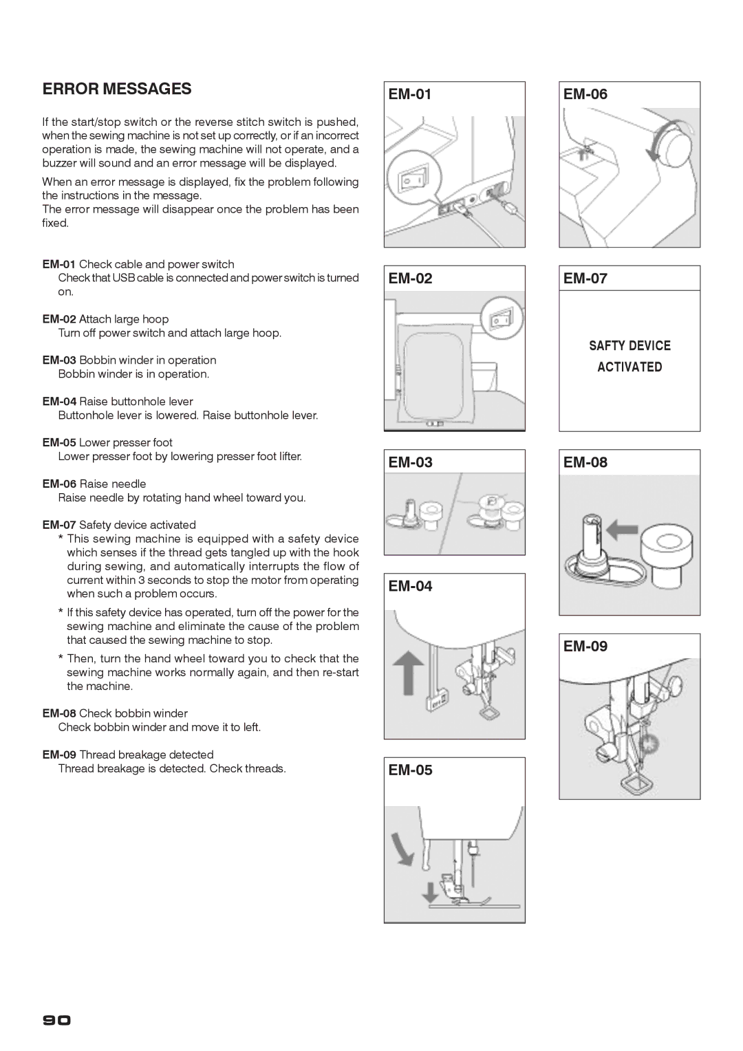 Singer CE-200 instruction manual Error Messages 