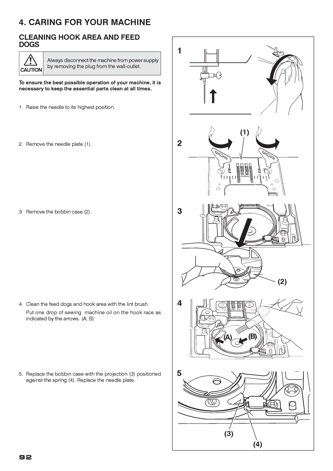 Singer CE-200 instruction manual Caring for Your Machine, Cleaning Hook Area and Feed Dogs 