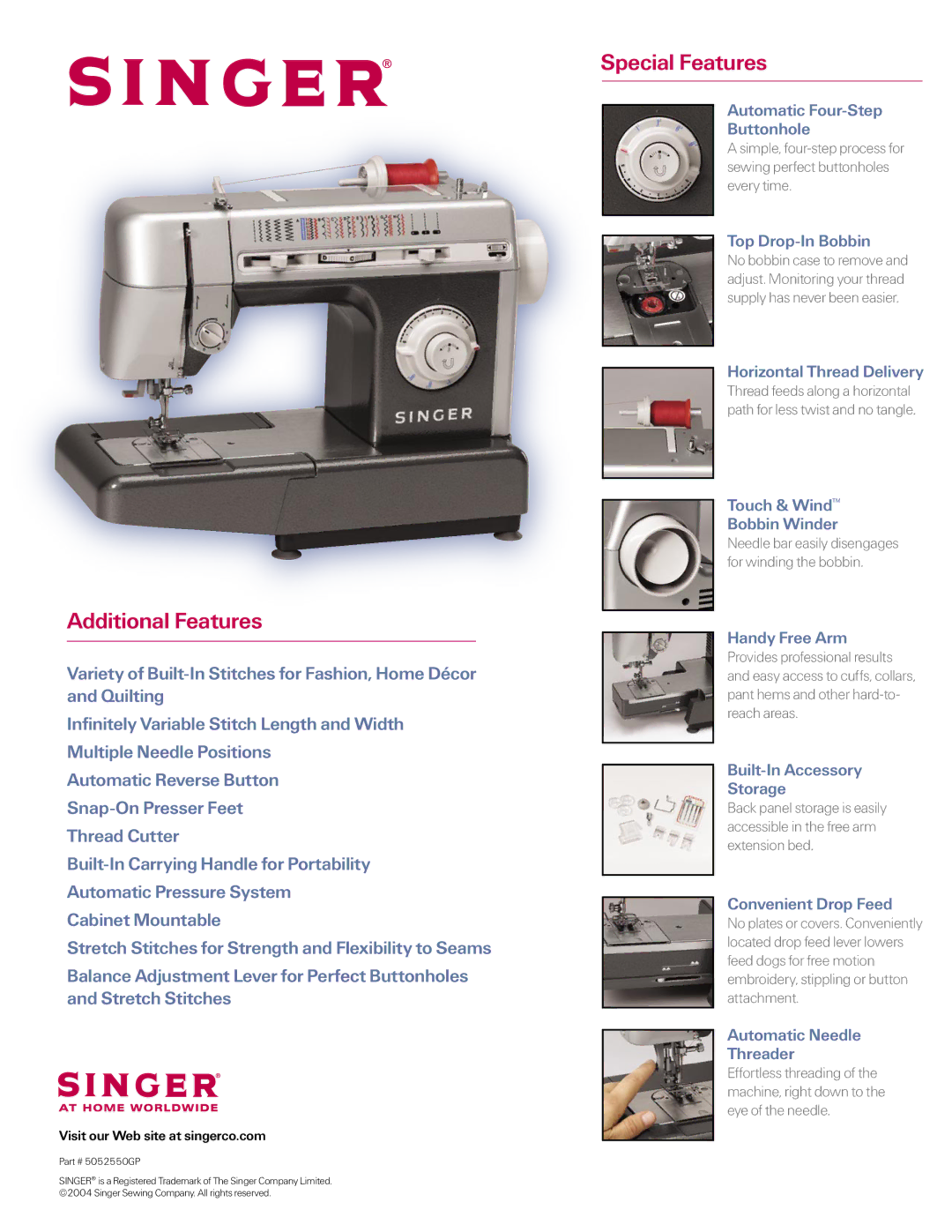 Singer CG-590 warranty Additional Features, Special Features 