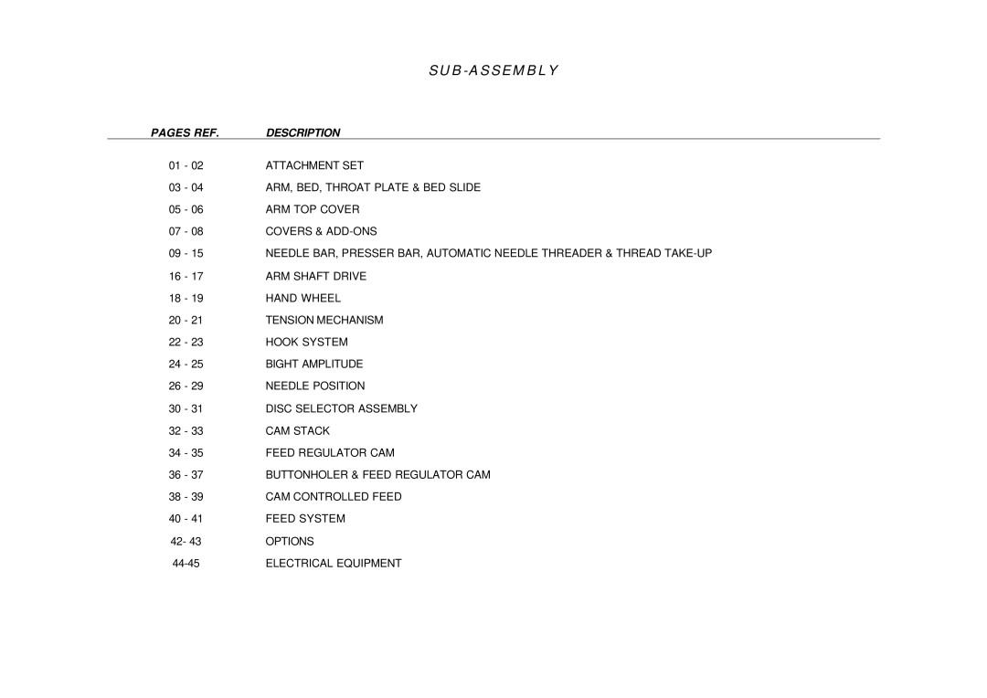 Singer cg500 manual Sub-Assembly, Pages REF Description 